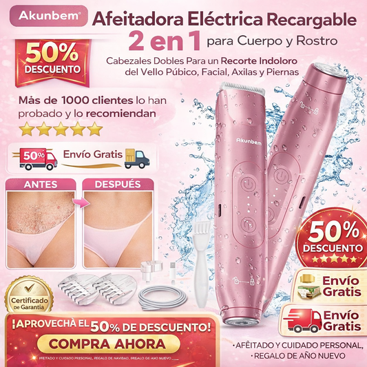 Akunbem®️ , afeitadora eléctrica recargable 2 en 1 para cuerpo y rostro, cabezales dobles para un recorte indoloro del vello púbico, facial, axilas y piernas, resistente al agua IPX7. Regalo de Navidad, regalo de Año Nuevo, afeitado y cuidado personal.