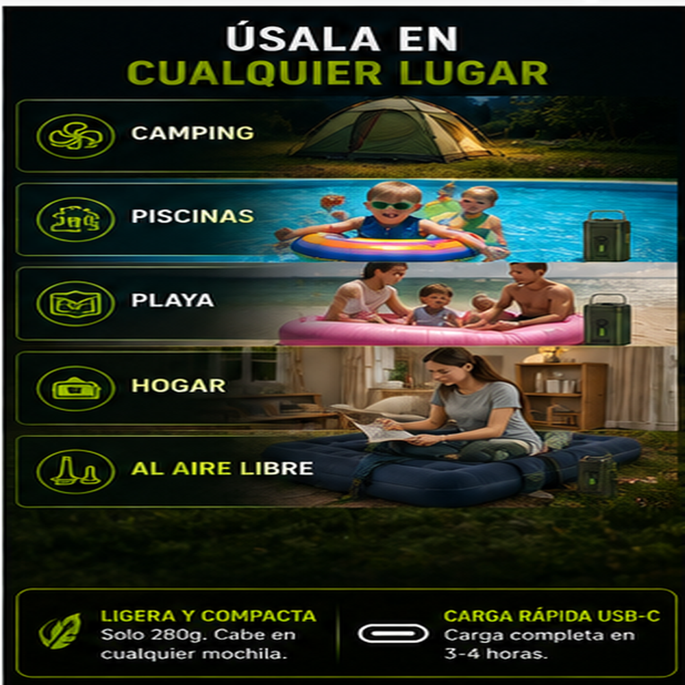 Bomba de aire recargable para camping – Luz LED, inflado rápido, compacta