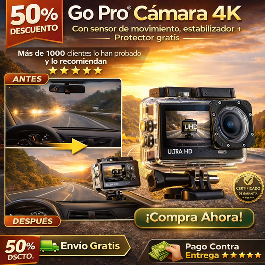 Go Pro® Camara 4k con sensor de moviemiento, estabilizador + Protector gratis