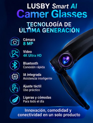 LUSBY Smart AI Camer Glasses - lentes con IA, grabación de videos en 4K,  fotocromáticas de 8 MP, ajuste táctil, ideales para viajes y aventuras al aire libre, fotografía manos libres, traducción en tiempo real, conectividad Bluetooth y protección UV