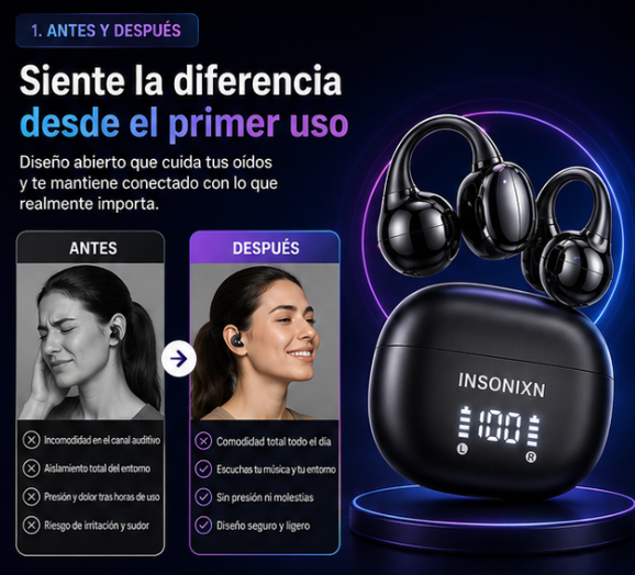 INSONIXN Auriculares inalámbricos Bluetooth 6.0, micrófono integrado y gancho para la oreja; resistentes al agua, 36 horas de reproducción, sonido de alta fidelidad; cómodos para entrenamientos, deportes, conductores, trabajo en casa u oficina