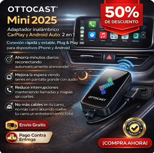 OTTOCAST Mini 2025 - Adaptador inalámbrico CarPlay y Android Auto 2 en 1, conexión rápida y estable, Plug & Play para dispositivos iPhone y Android