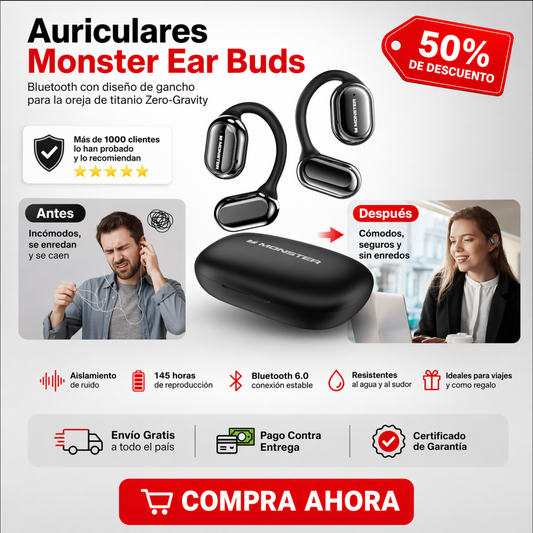 Auriculares Monster Ear Buds: auriculares Bluetooth con diseño de gancho para la oreja de titanio Zero-Gravity, aislamiento de ruido, 145 horas de reproducción, auriculares inalámbricos Bluetooth 6.0, resistentes al agua y al sudor, ideales para viajes.