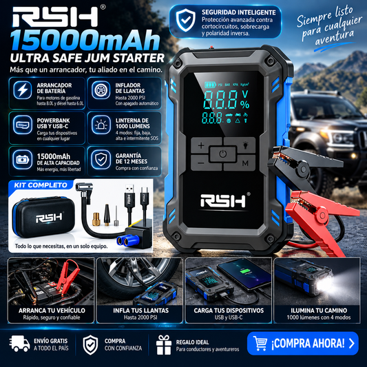 RSH 15000mAh Ultra Safe Jum Starter, arrancador de bateria, inlfador de llantas a 2000 psi, powerbank tipo c y usb, linterna de 1000 lumens con funcion graduable a intermitente, garantia de 12 meses incluida