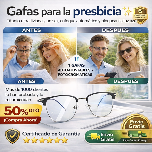 Gafas para la presbicia 👓✨ Son de titanio ultra livianas, unisex, enfoque automático, adaptables a tus ojos y correctoras de problemas visuales, bloquean eficazmente la luz azul para proteger la salud de sus ojos