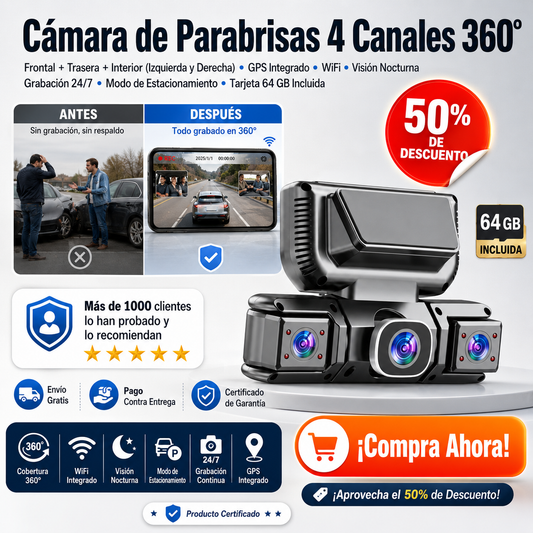 Cámara de parabrisas de 4 canales con visión de 360 grados, frontal y trasera, interior (izquierda y derecha), GPS integrado, WiFi, visión nocturna, grabación 24/7, modo de estacionamiento y tarjeta de 64 GB incluida.