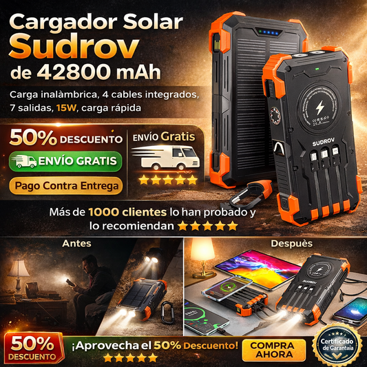 Cargador solar Sudrov de 42800 mAh, cargador inalámbrico, 4 cables integrados, 7 salidas, 15 vatios, carga rápida, para todos los dispositivos móviles, 3 entradas, cargador solar portátil con linternas duales, mosquetón y termómetro.