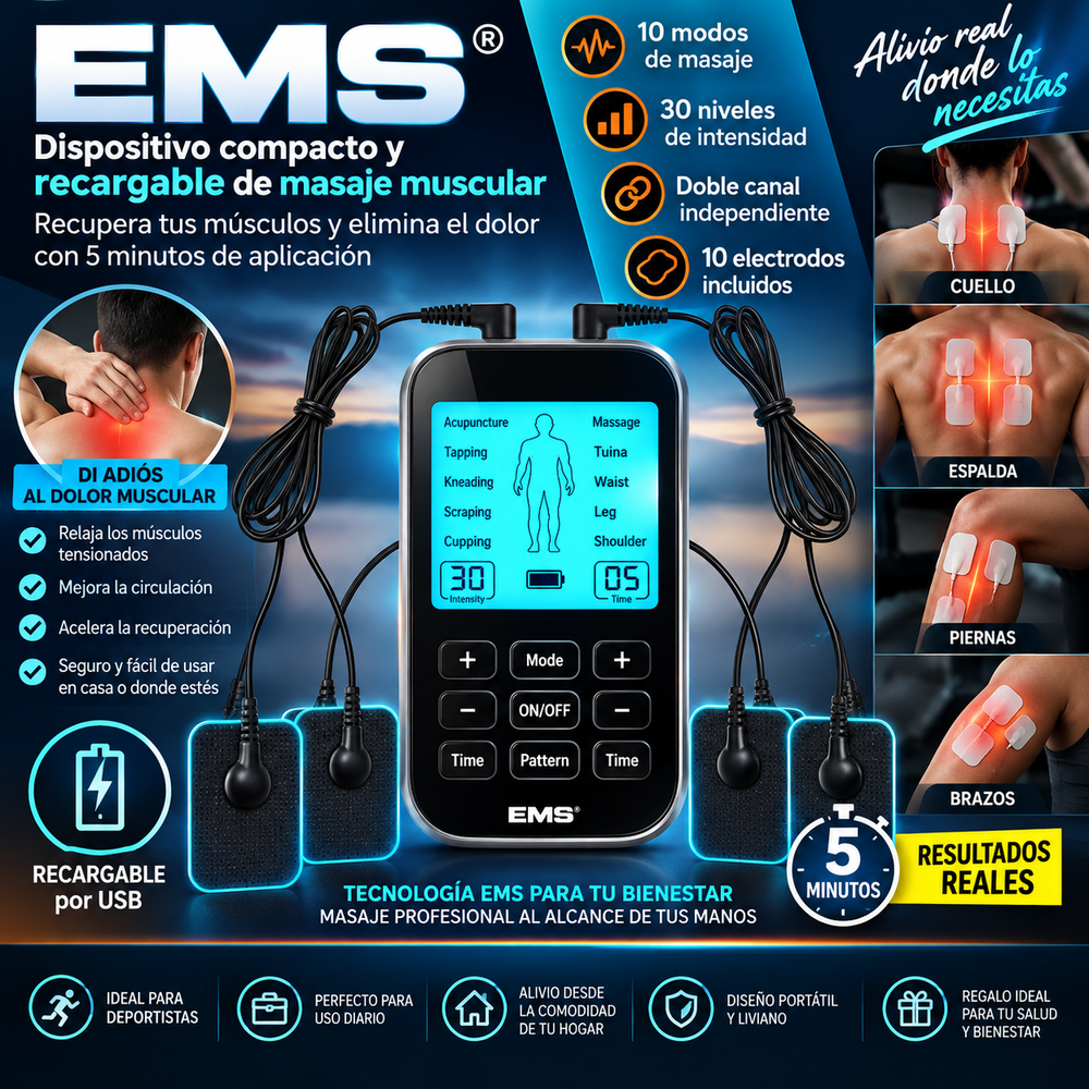 EMS® Dispositivo compacto y recargable de masaje muscular: 10 modos, doble canal, 30 niveles de intensidad, 10 electrodos; ideal para el cuello, espalda, piernas y brazos. Recupera tus músculos y elimina el dolor con 5 minutos de aplicación