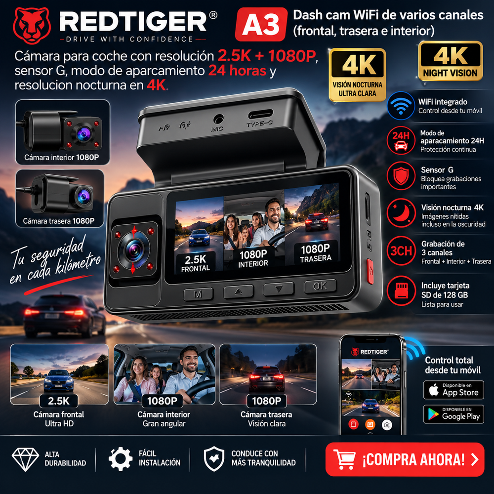 REDTIGER A3 Dash cam WiFi de varios canales (frontal, trasera e interior) con tarjeta SD de 128 GB; cámara para coche con resolución 2.5K + 1080P, sensor G, modo de aparcamiento 24 horas y resolucion nocturna en 4k.