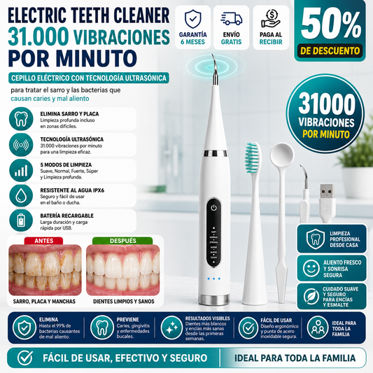 Electric Teeth Cleaner 31.000 vibraciones por minuto, cepillo eléctrico con tecnología ultrasónica para tratar el sarro y las bacterias que causan caries y mal aliento
