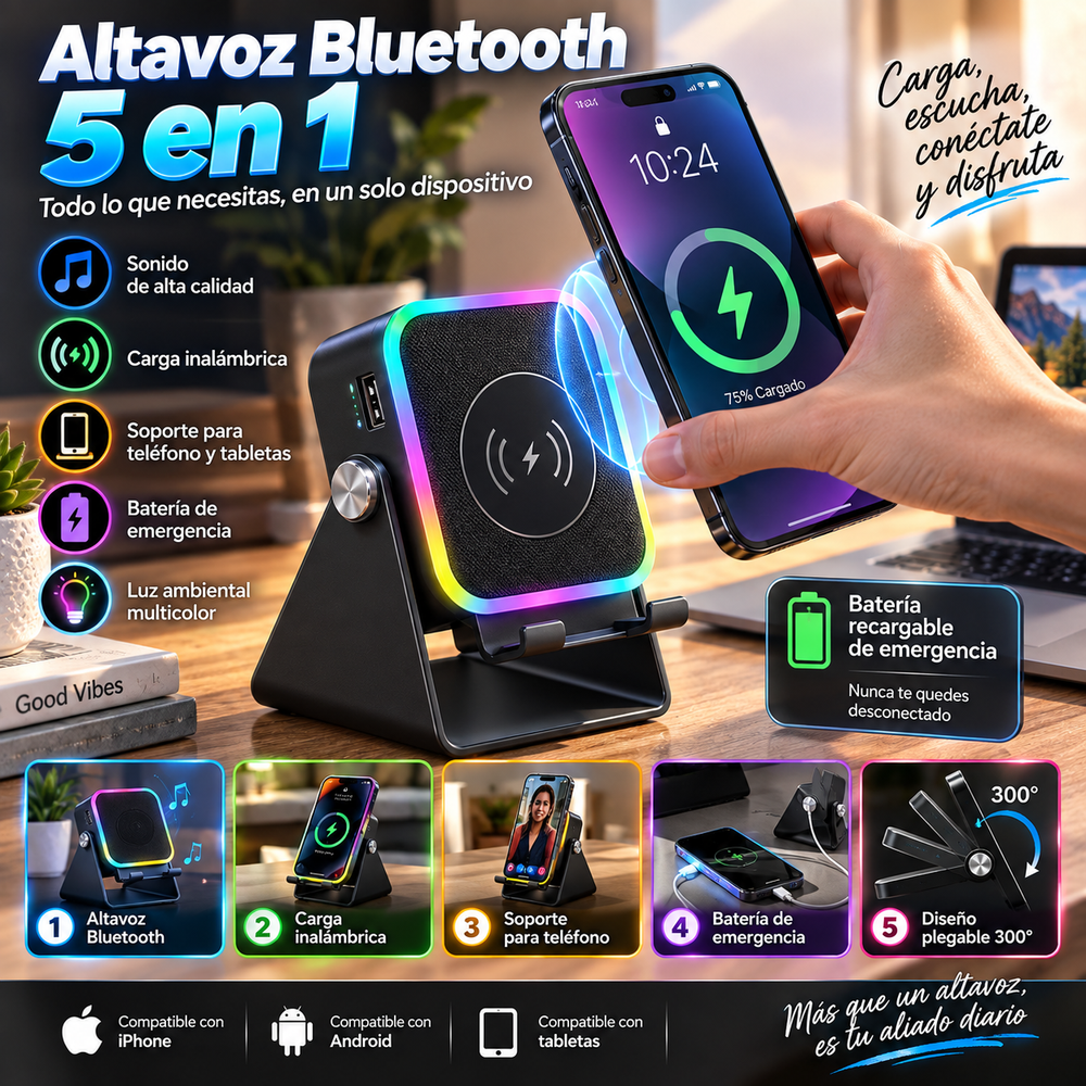 Altavoz Bluetooth 5 en 1 con inducción inalámbrica, soporte para teléfono, batería recargable de emergencia, luz ambiental multicolor y diseño plegable de 300° (compatible con tabletas, iPhone y Android)