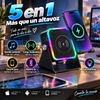 Altavoz Bluetooth 5 en 1 con inducción inalámbrica, soporte para teléfono, batería recargable de emergencia, luz ambiental multicolor y diseño plegable de 300° (compatible con tabletas, iPhone y Android)