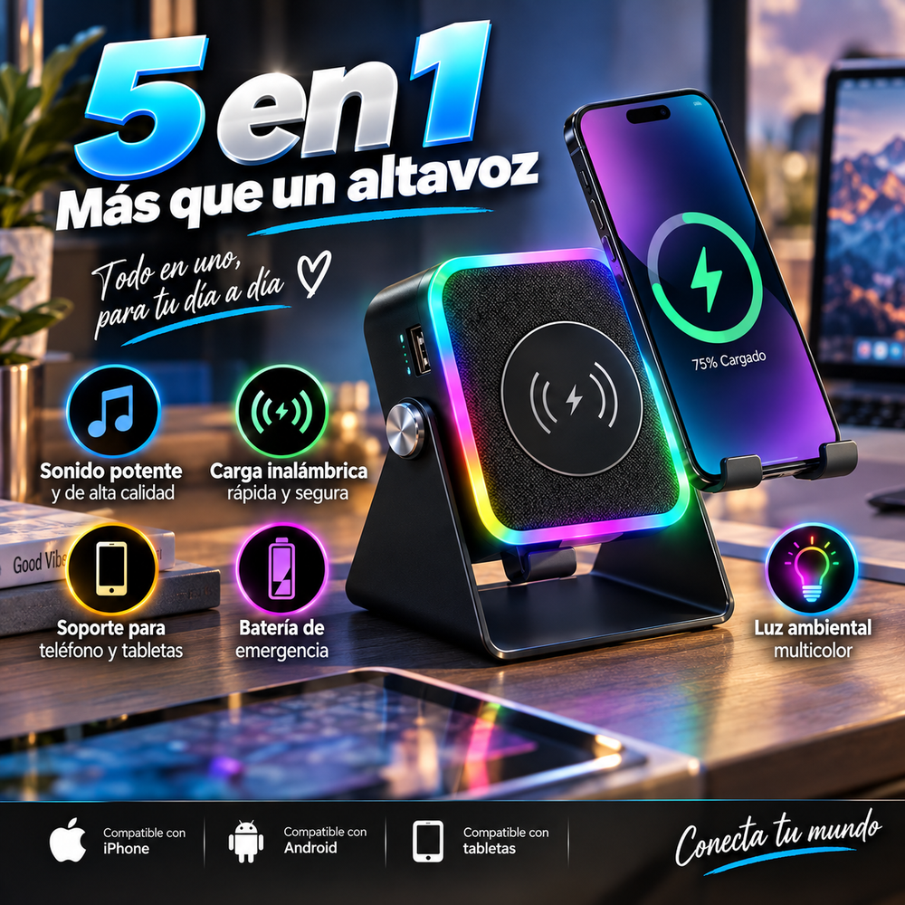 Altavoz Bluetooth 5 en 1 con inducción inalámbrica, soporte para teléfono, batería recargable de emergencia, luz ambiental multicolor y diseño plegable de 300° (compatible con tabletas, iPhone y Android)