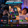 Altavoz Bluetooth 5 en 1 con inducción inalámbrica, soporte para teléfono, batería recargable de emergencia, luz ambiental multicolor y diseño plegable de 300° (compatible con tabletas, iPhone y Android)