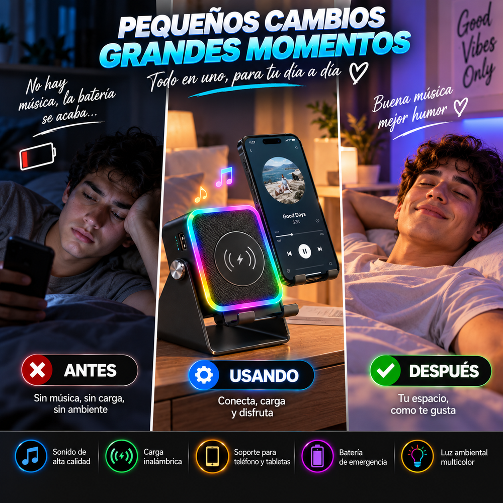 Altavoz Bluetooth 5 en 1 con inducción inalámbrica, soporte para teléfono, batería recargable de emergencia, luz ambiental multicolor y diseño plegable de 300° (compatible con tabletas, iPhone y Android)
