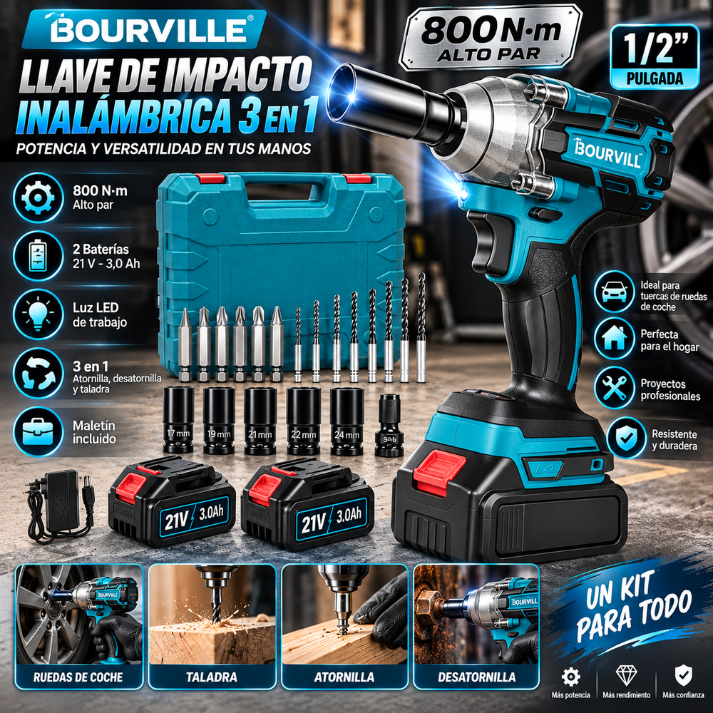Bourville Llave de impacto inalámbrica 3 en 1 (800 N·m, 1/2 pulgada): herramienta eléctrica de alto par con 2 baterías de 21 V y 3,0 Ah, luz LED, 5 vasos, 8 brocas, 6 puntas de atornillado y maletín; ideal para el hogar y tuercas de ruedas de coche.