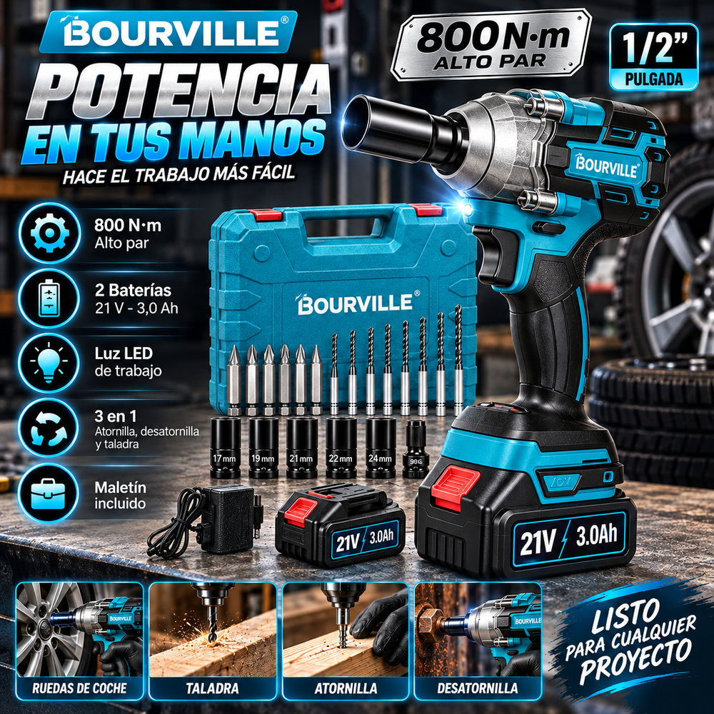 Bourville Llave de impacto inalámbrica 3 en 1 (800 N·m, 1/2 pulgada): herramienta eléctrica de alto par con 2 baterías de 21 V y 3,0 Ah, luz LED, 5 vasos, 8 brocas, 6 puntas de atornillado y maletín; ideal para el hogar y tuercas de ruedas de coche.