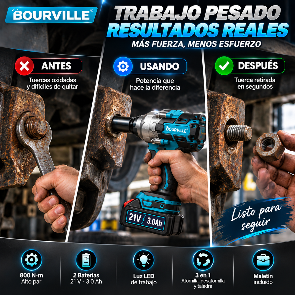 Bourville Llave de impacto inalámbrica 3 en 1 (800 N·m, 1/2 pulgada): herramienta eléctrica de alto par con 2 baterías de 21 V y 3,0 Ah, luz LED, 5 vasos, 8 brocas, 6 puntas de atornillado y maletín; ideal para el hogar y tuercas de ruedas de coche.