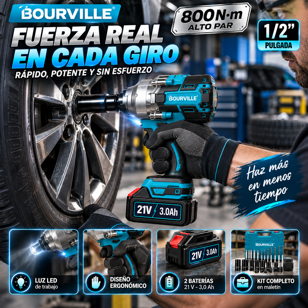 Bourville Llave de impacto inalámbrica 3 en 1 (800 N·m, 1/2 pulgada): herramienta eléctrica de alto par con 2 baterías de 21 V y 3,0 Ah, luz LED, 5 vasos, 8 brocas, 6 puntas de atornillado y maletín; ideal para el hogar y tuercas de ruedas de coche.