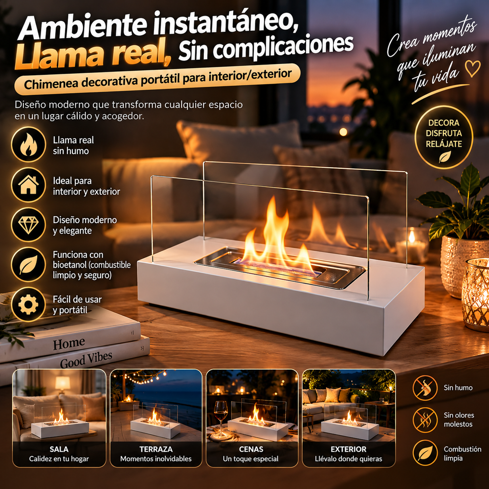 Ambiente instantáneo, Llama real, Sin complicaciones - chimenea decorativa portátil para interior/exterior