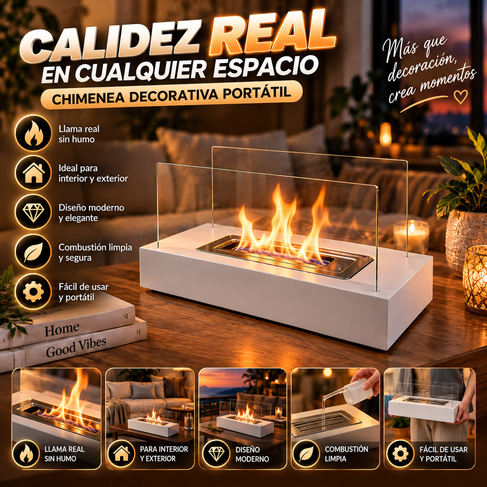 Ambiente instantáneo, Llama real, Sin complicaciones - chimenea decorativa portátil para interior/exterior