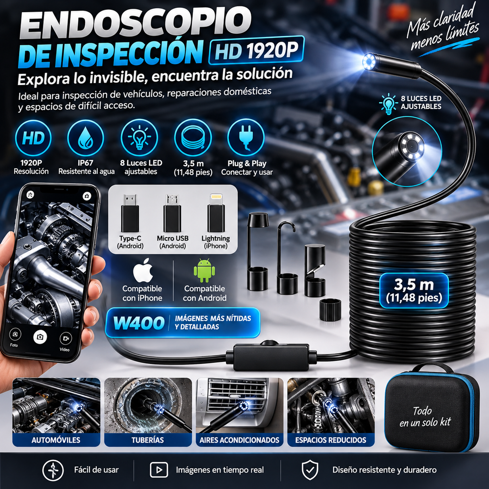 Endoscopio/boroscopio de inspección automotriz HD 1920P, resolución W400, 8 luces LED ajustables, cable semirrígido tipo serpiente de 3,5 m (11,48 pies), resistencia al agua IP67, sistema Plug & Play