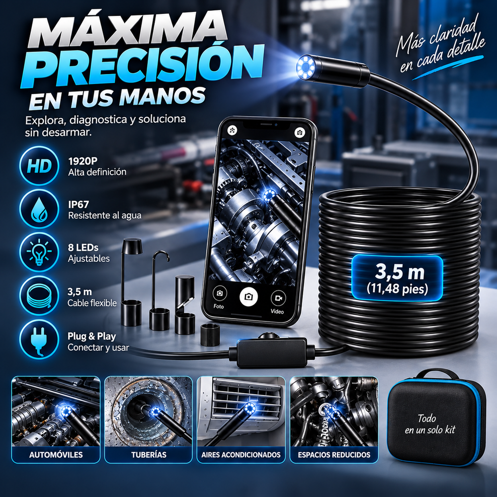 Endoscopio/boroscopio de inspección automotriz HD 1920P, resolución W400, 8 luces LED ajustables, cable semirrígido tipo serpiente de 3,5 m (11,48 pies), resistencia al agua IP67, sistema Plug & Play
