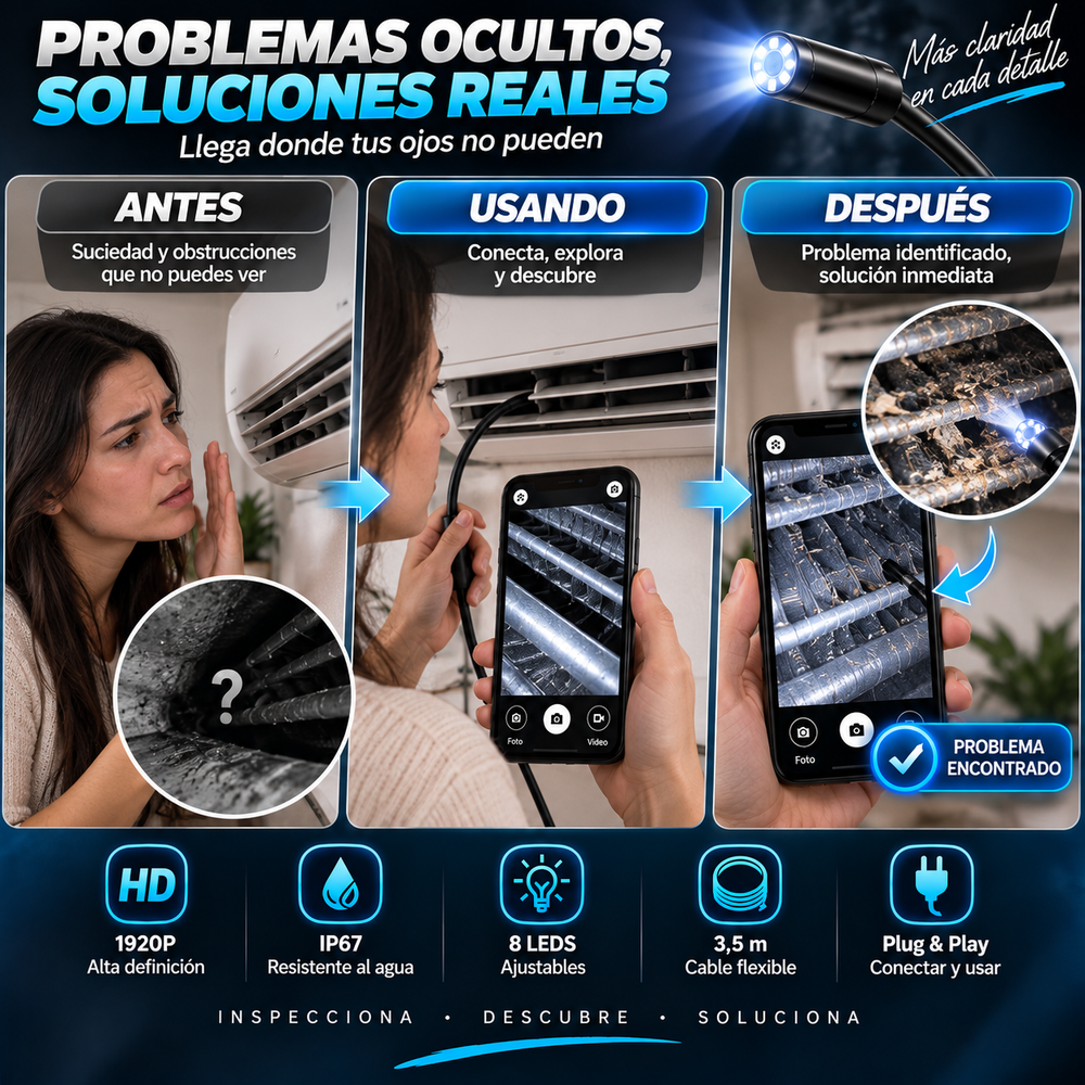 Endoscopio/boroscopio de inspección automotriz HD 1920P, resolución W400, 8 luces LED ajustables, cable semirrígido tipo serpiente de 3,5 m (11,48 pies), resistencia al agua IP67, sistema Plug & Play