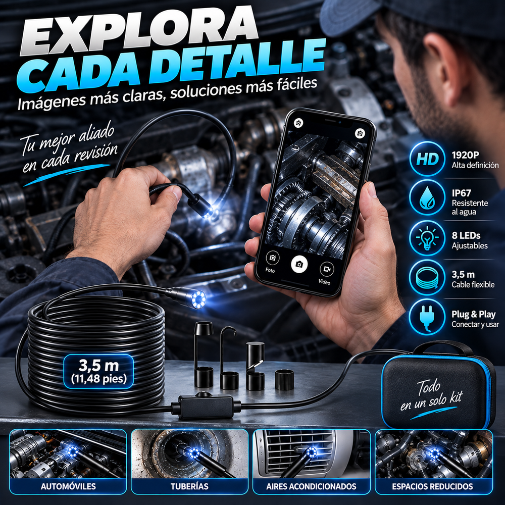 Endoscopio/boroscopio de inspección automotriz HD 1920P, resolución W400, 8 luces LED ajustables, cable semirrígido tipo serpiente de 3,5 m (11,48 pies), resistencia al agua IP67, sistema Plug & Play