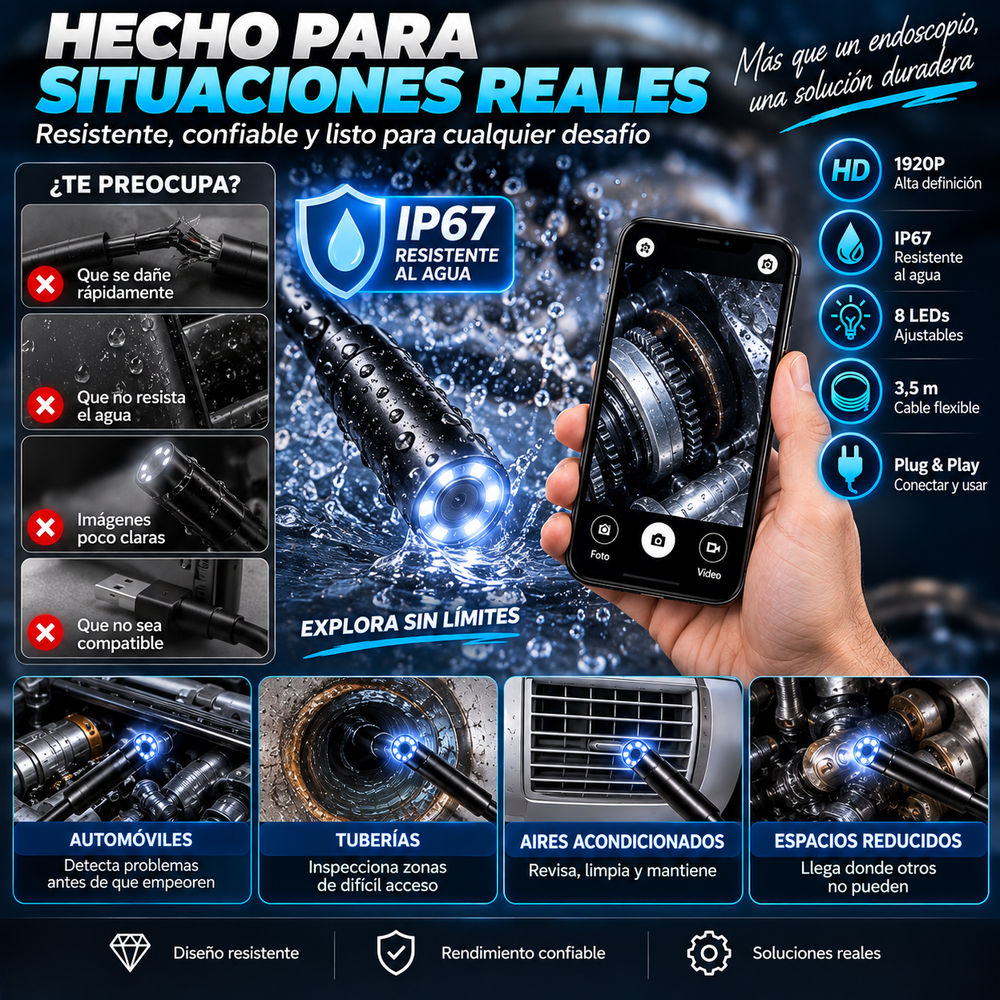 Endoscopio/boroscopio de inspección automotriz HD 1920P, resolución W400, 8 luces LED ajustables, cable semirrígido tipo serpiente de 3,5 m (11,48 pies), resistencia al agua IP67, sistema Plug & Play