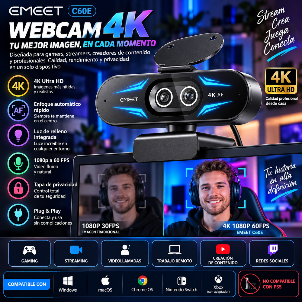 Webcam EMEET C60E 4K para PC/portátil/Switch – Artículos gaming, accesorios para gamers, equipo de streaming, accesorios para PC, 1080p a 60 fps, enfoque automático rápido, luz de relleno, Plug & Play, tapa de privacidad; no compatible con PS5.