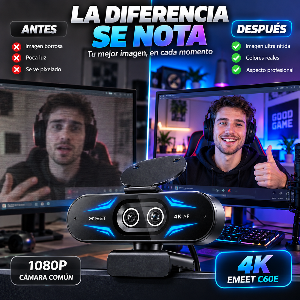 Webcam EMEET C60E 4K para PC/portátil/Switch – Artículos gaming, accesorios para gamers, equipo de streaming, accesorios para PC, 1080p a 60 fps, enfoque automático rápido, luz de relleno, Plug & Play, tapa de privacidad; no compatible con PS5.