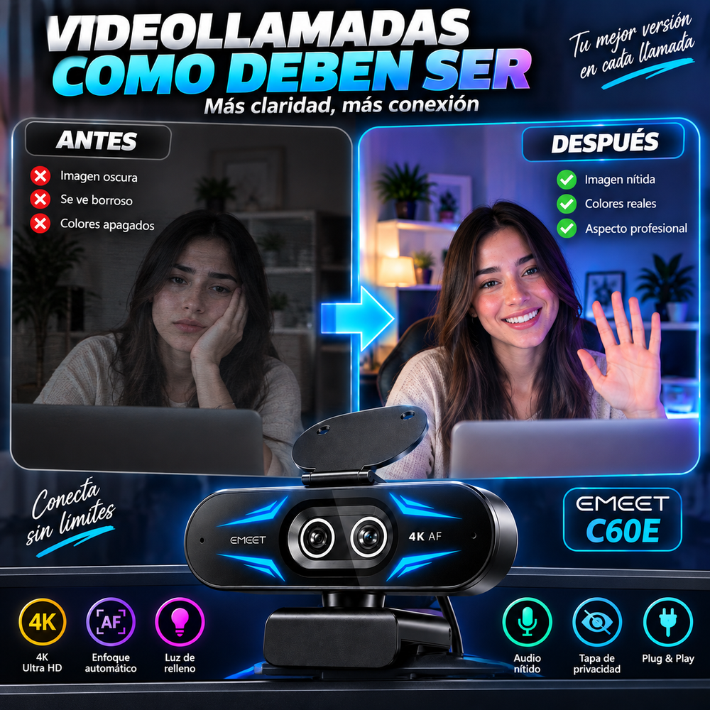 Webcam EMEET C60E 4K para PC/portátil/Switch – Artículos gaming, accesorios para gamers, equipo de streaming, accesorios para PC, 1080p a 60 fps, enfoque automático rápido, luz de relleno, Plug & Play, tapa de privacidad; no compatible con PS5.