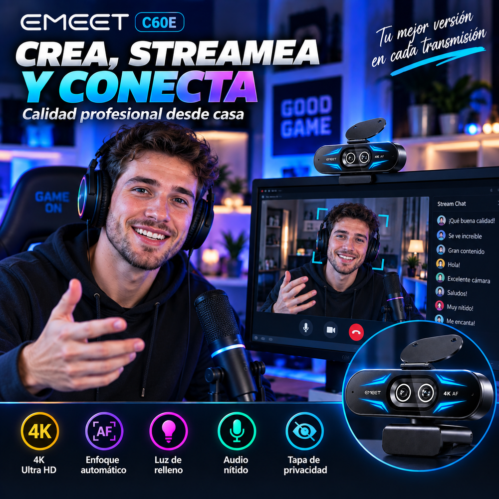 Webcam EMEET C60E 4K para PC/portátil/Switch – Artículos gaming, accesorios para gamers, equipo de streaming, accesorios para PC, 1080p a 60 fps, enfoque automático rápido, luz de relleno, Plug & Play, tapa de privacidad; no compatible con PS5.