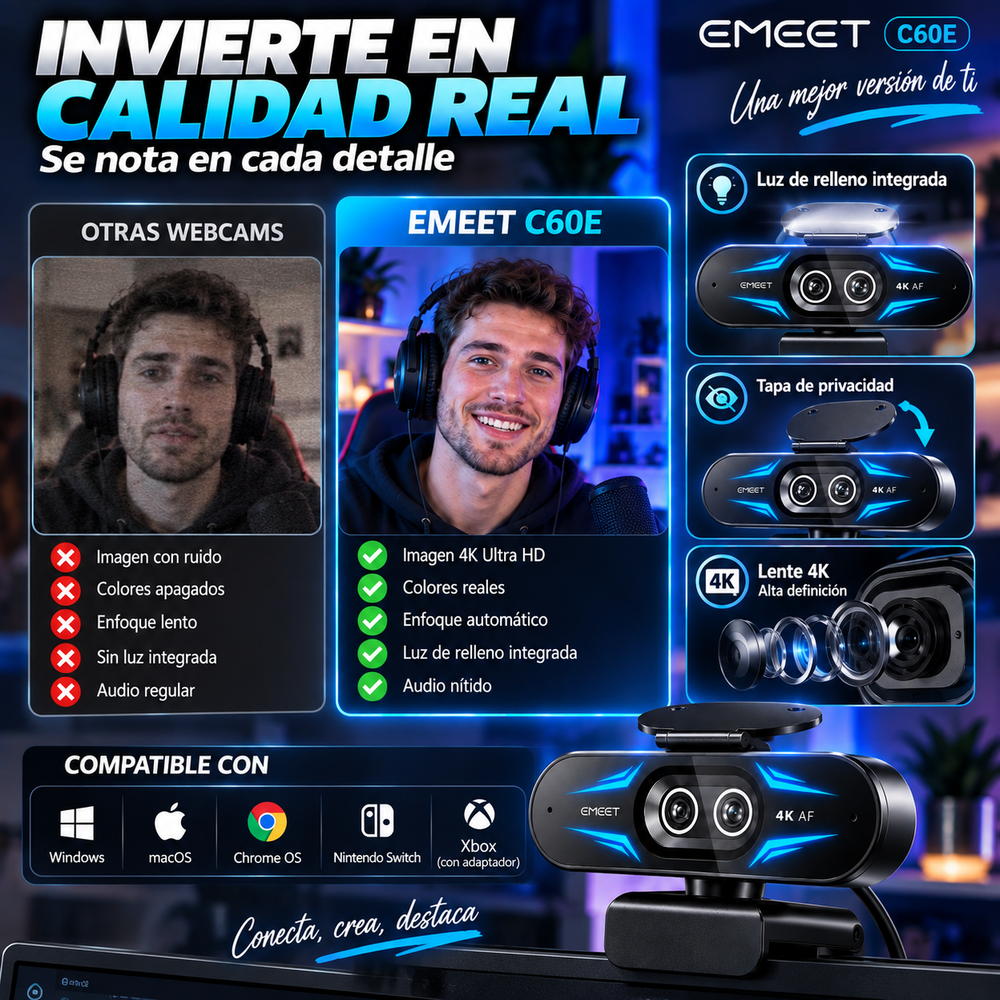 Webcam EMEET C60E 4K para PC/portátil/Switch – Artículos gaming, accesorios para gamers, equipo de streaming, accesorios para PC, 1080p a 60 fps, enfoque automático rápido, luz de relleno, Plug & Play, tapa de privacidad; no compatible con PS5.