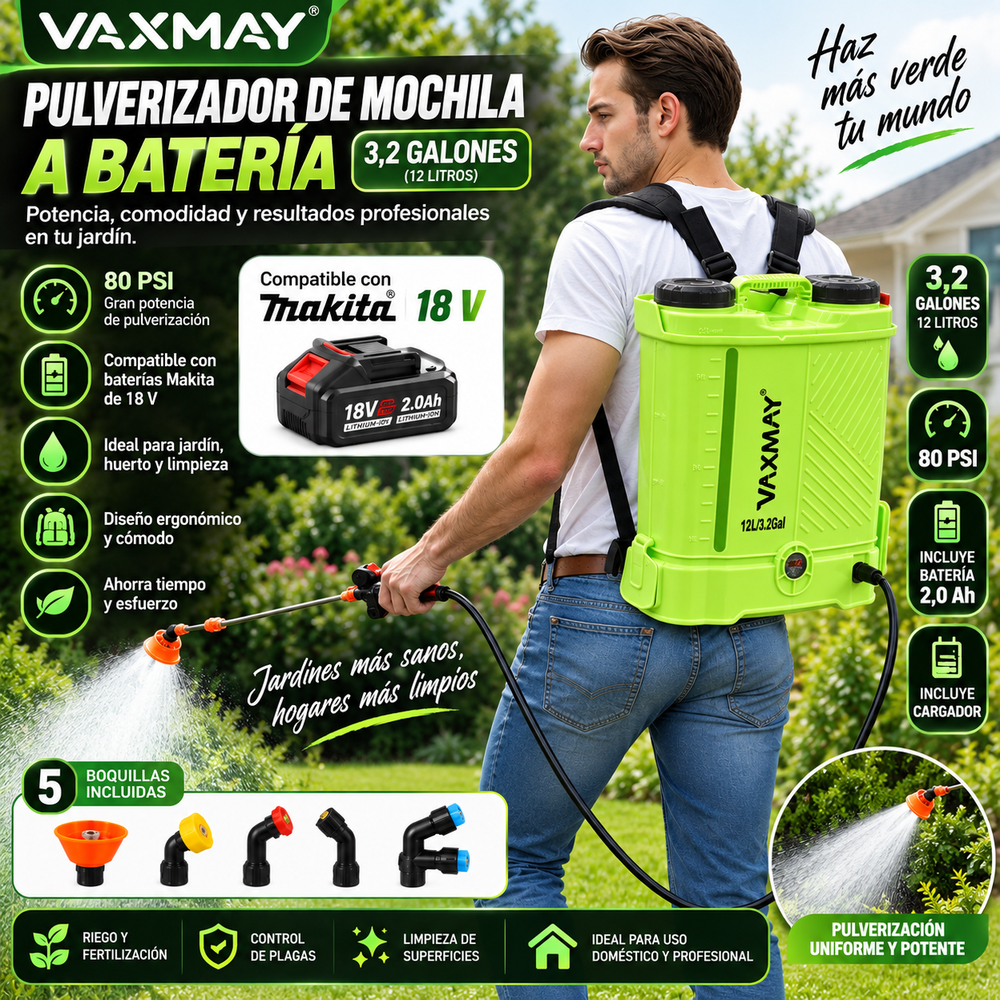 VAXMAY pulverizador de mochila a batería (3,2 galones, 80 PSI) para jardín; compatible con baterías Makita de 18 V; incluye 5 boquillas, batería de 2,0 Ah y cargador; presión de 80 PSI.