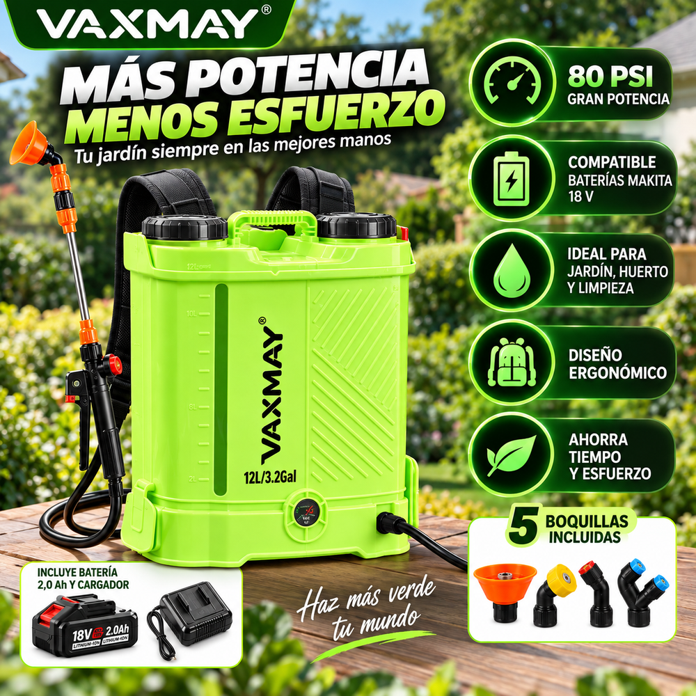 VAXMAY pulverizador de mochila a batería (3,2 galones, 80 PSI) para jardín; compatible con baterías Makita de 18 V; incluye 5 boquillas, batería de 2,0 Ah y cargador; presión de 80 PSI.