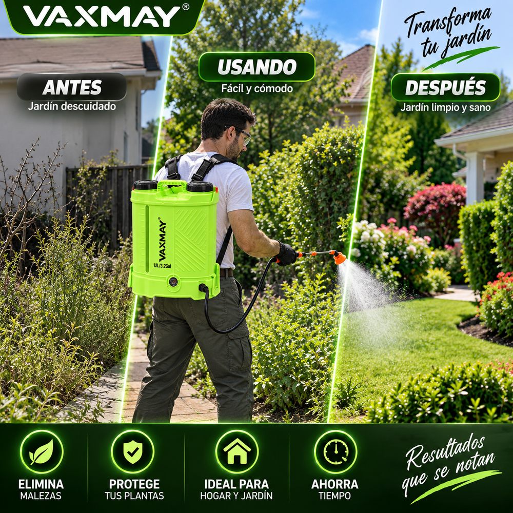 VAXMAY pulverizador de mochila a batería (3,2 galones, 80 PSI) para jardín; compatible con baterías Makita de 18 V; incluye 5 boquillas, batería de 2,0 Ah y cargador; presión de 80 PSI.