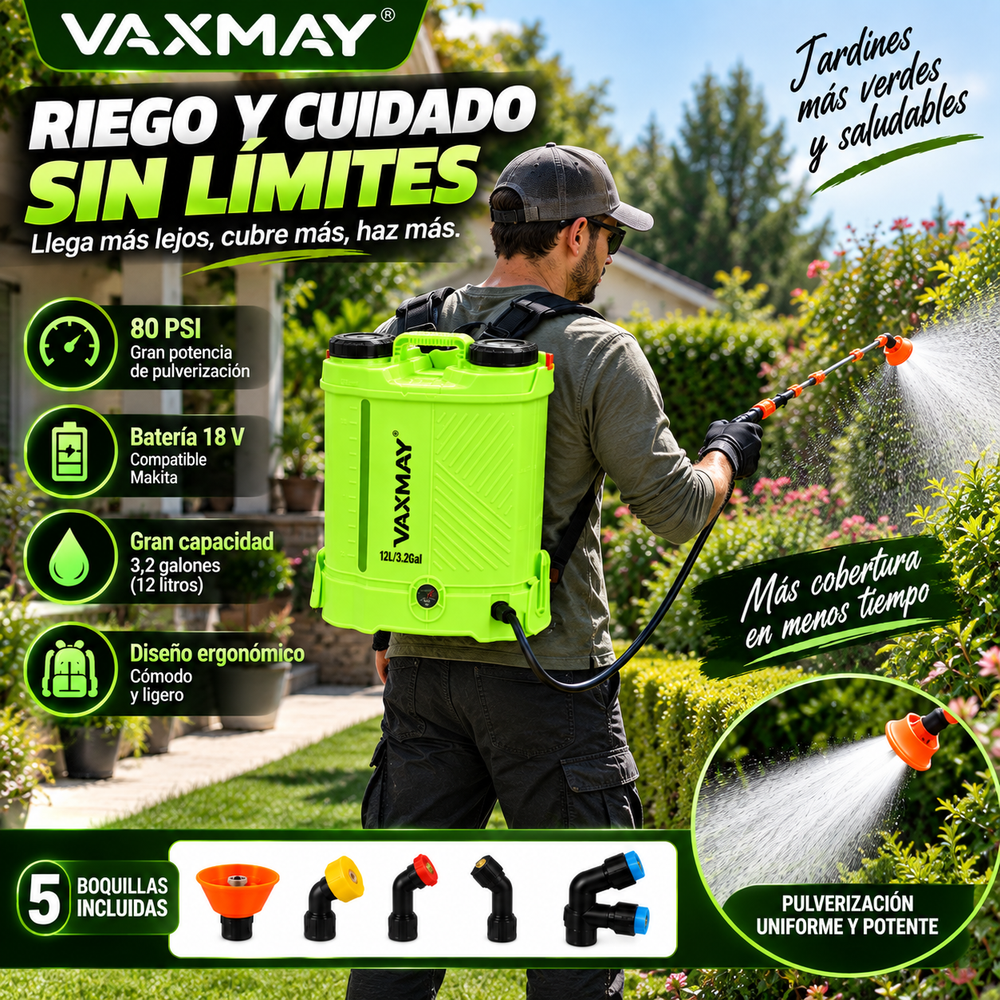 VAXMAY pulverizador de mochila a batería (3,2 galones, 80 PSI) para jardín; compatible con baterías Makita de 18 V; incluye 5 boquillas, batería de 2,0 Ah y cargador; presión de 80 PSI.