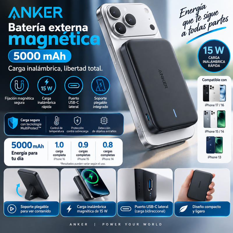 Batería externa magnética Anker de 5000 mAh, cargador portátil inalámbrico con soporte plegable y puerto USB-C lateral, batería para iPhone 17/16/15/14/13
