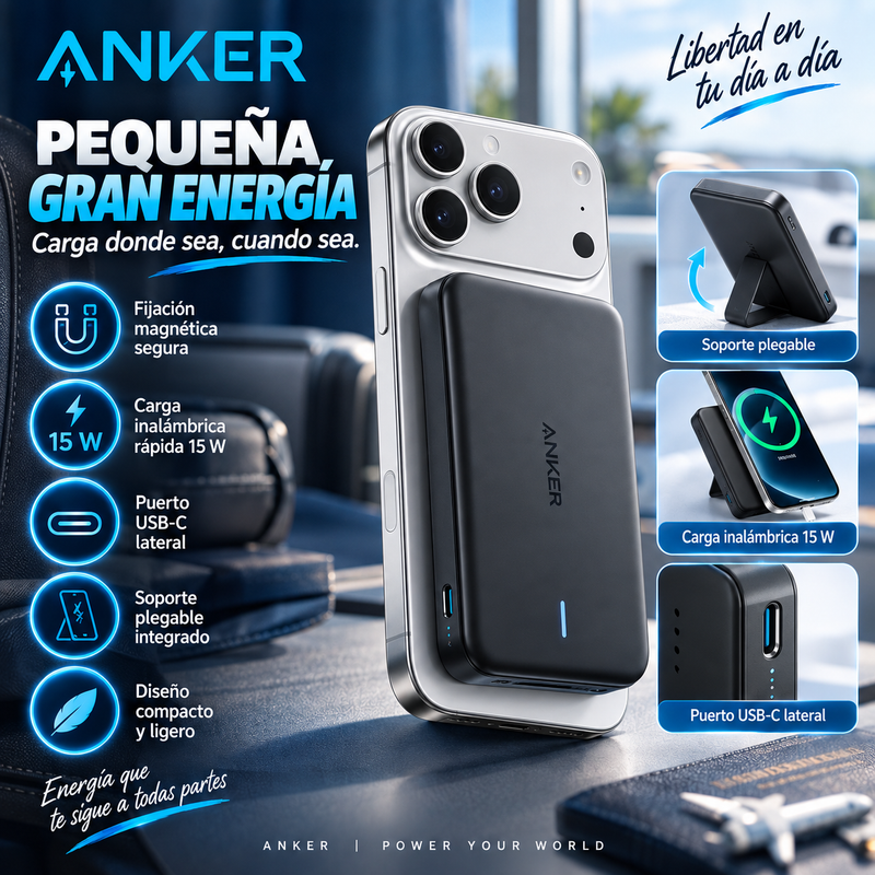 Batería externa magnética Anker de 5000 mAh, cargador portátil inalámbrico con soporte plegable y puerto USB-C lateral, batería para iPhone 17/16/15/14/13