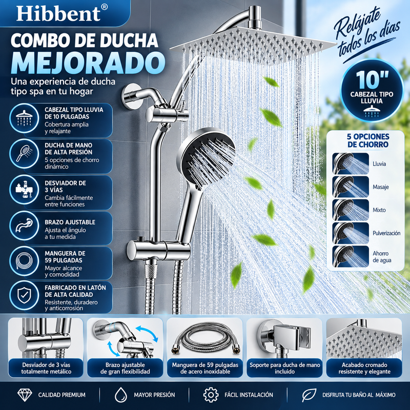 Hibbent Combo de ducha mejorado: cabezal tipo lluvia de latón de 10 pulgadas, ducha de mano de alta presión con 5 opciones de chorro dinámico, desviador de 3 vías totalmente metálico, brazo ajustable, manguera de 59 pulgadas, soporte y acabado cromado.