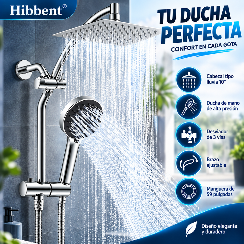 Hibbent Combo de ducha mejorado: cabezal tipo lluvia de latón de 10 pulgadas, ducha de mano de alta presión con 5 opciones de chorro dinámico, desviador de 3 vías totalmente metálico, brazo ajustable, manguera de 59 pulgadas, soporte y acabado cromado.