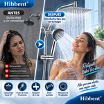 Hibbent Combo de ducha mejorado: cabezal tipo lluvia de latón de 10 pulgadas, ducha de mano de alta presión con 5 opciones de chorro dinámico, desviador de 3 vías totalmente metálico, brazo ajustable, manguera de 59 pulgadas, soporte y acabado cromado.