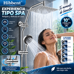 Hibbent Combo de ducha mejorado: cabezal tipo lluvia de latón de 10 pulgadas, ducha de mano de alta presión con 5 opciones de chorro dinámico, desviador de 3 vías totalmente metálico, brazo ajustable, manguera de 59 pulgadas, soporte y acabado cromado.