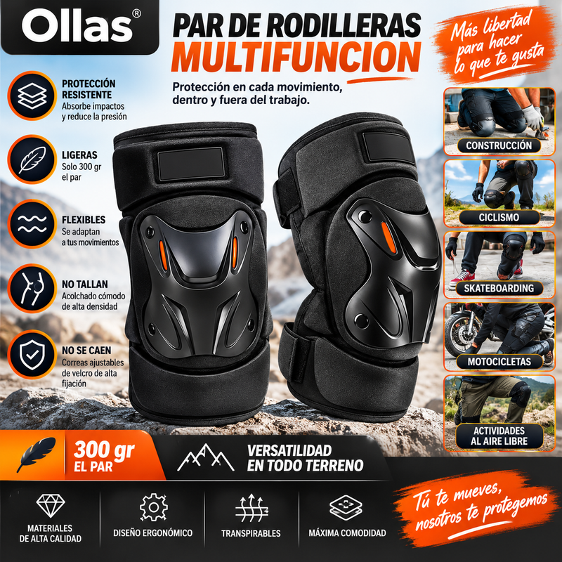 Ollas® Par de rodilleras multifunción: equipo de protección resistente para construcción, clismo, skateboarding, motocicletas y actividades al aire libre. Flexibles, 300 gr de peso, no tallan y no se caen.