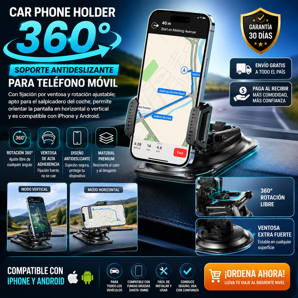 Car Phone Holder 360 Soporte antideslizante para teléfono móvil con fijación por ventosa y rotación ajustable; apto para el salpicadero del coche, permite orientar la pantalla en horizontal o vertical y es compatible con iPhone y Android
