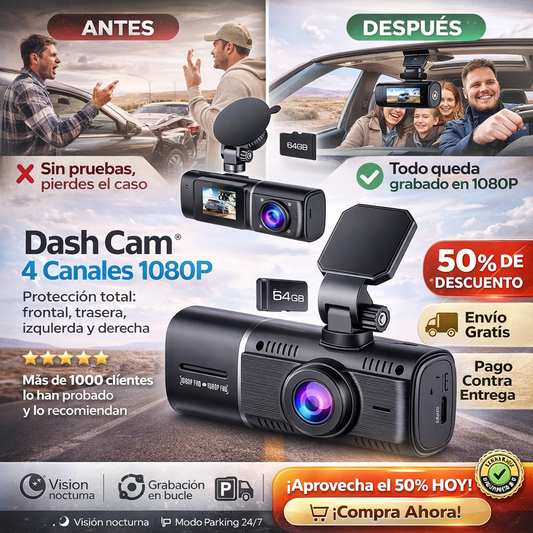 Dash Cam®️ Cámara de parabrisas para auto de 4 canales, DVR para coche 1080P con tarjeta de memoria de 64 GB, videovigilancia para coche con visión nocturna