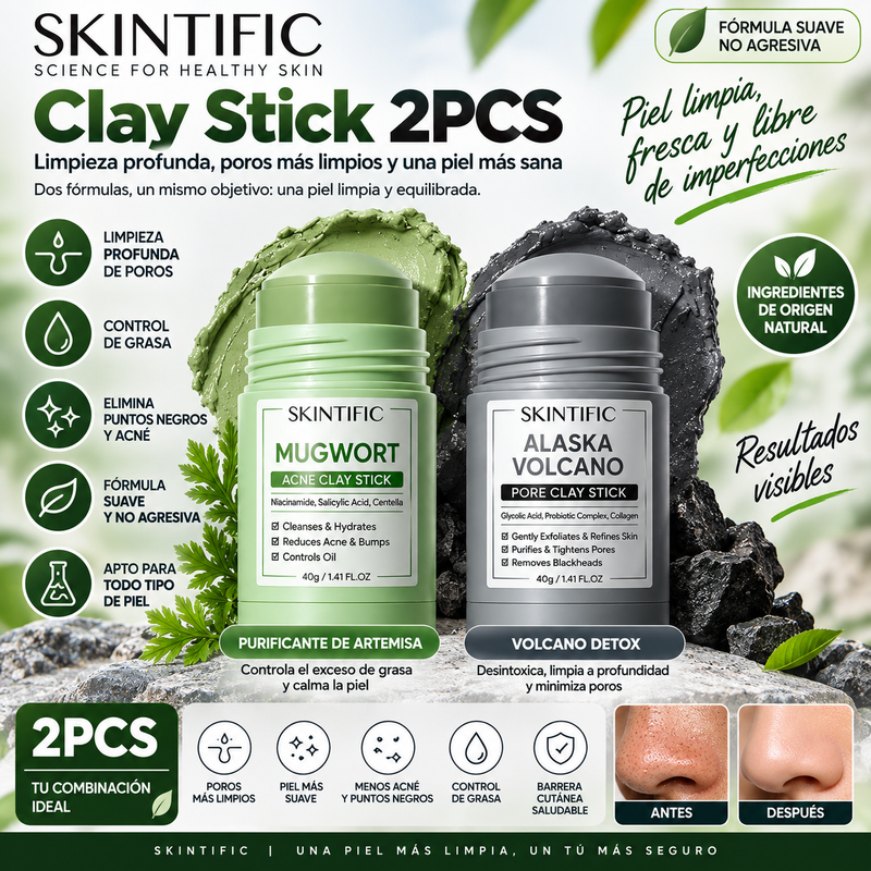 SKINTIFIC Clay Stick 2PCS(purificante de artemisa) / Volcano Detox (desintoxicante volcánico) / Bright Boost (iluminador y uniformador del tono); limpieza profunda de poros, control de grasa y fórmula no agresiva.