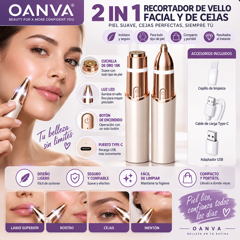 OANVA 2 in 1 Recortador de vello facial y de cejas para mujer, afeitadora facial recargable, eliminador de vello del labio superior y pelusa facial, perfilador de cejas de precisión, herramienta portátil e indolora para la eliminación de vello.